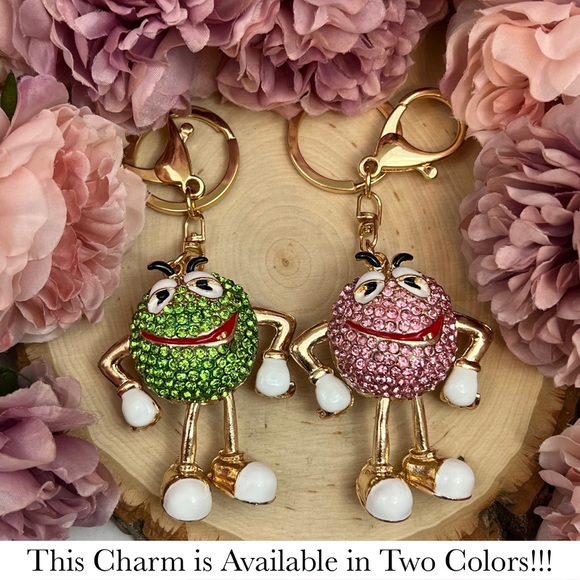 Whimsical Pink Crystal M&M Character Keychain Charm - Picture 15 of 16